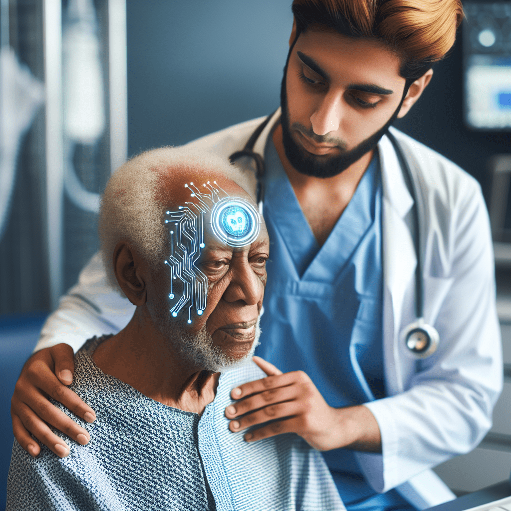 An elderly South African patient receiving personalized care from a healthcare professional assisted by AI technology