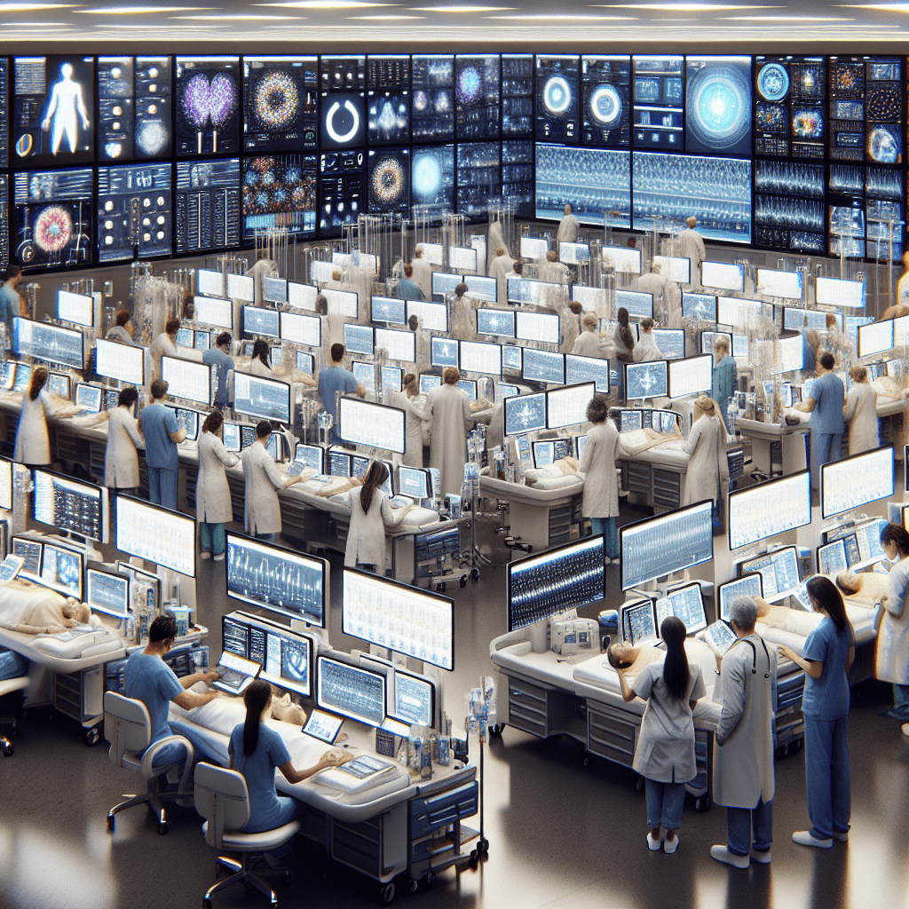 A busy hospital ward with doctors and nurses using AI-powered systems to manage patient care