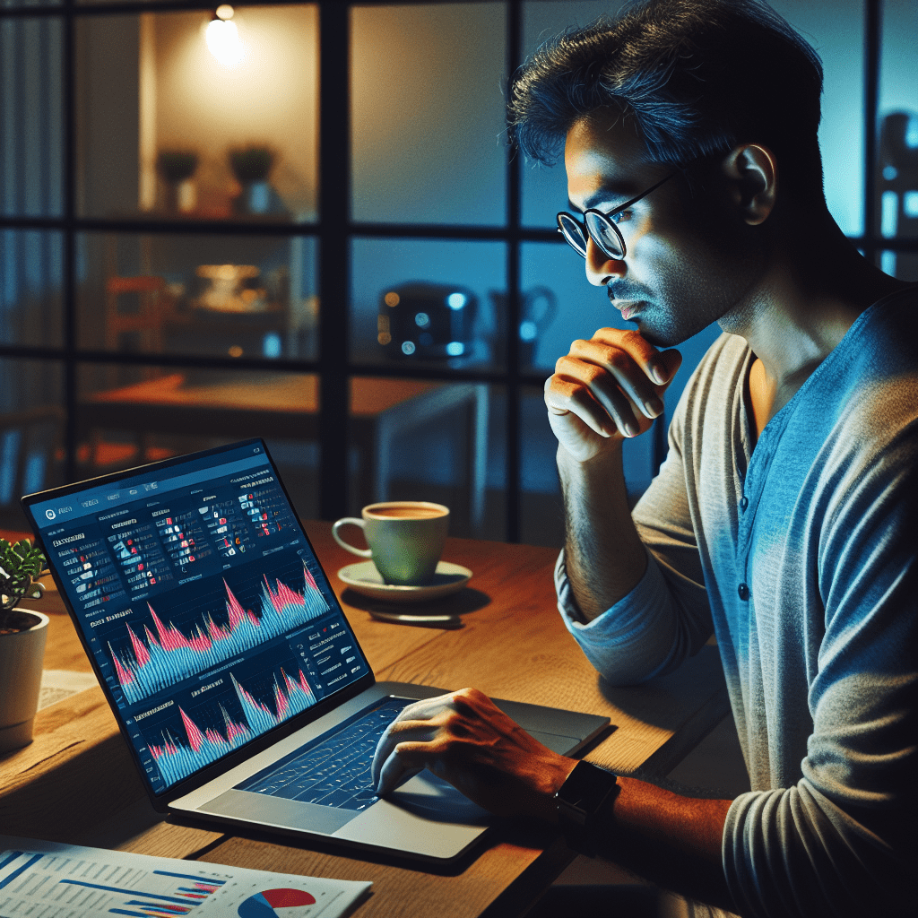 A Canadian investor reviewing their AI-generated investment portfolio on a laptop, with charts and graphs showing portfolio performance and asset allocation