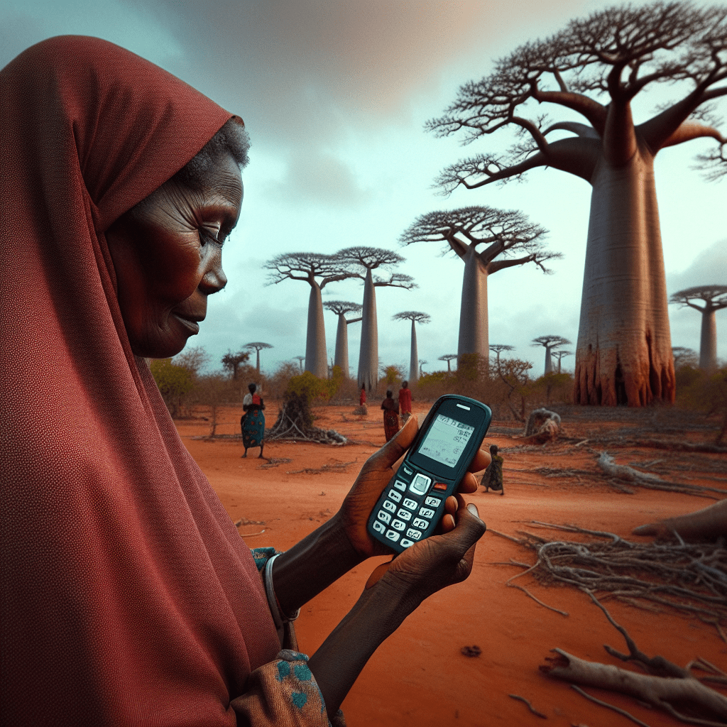 A Nigerian woman using a basic feature phone in a rural setting