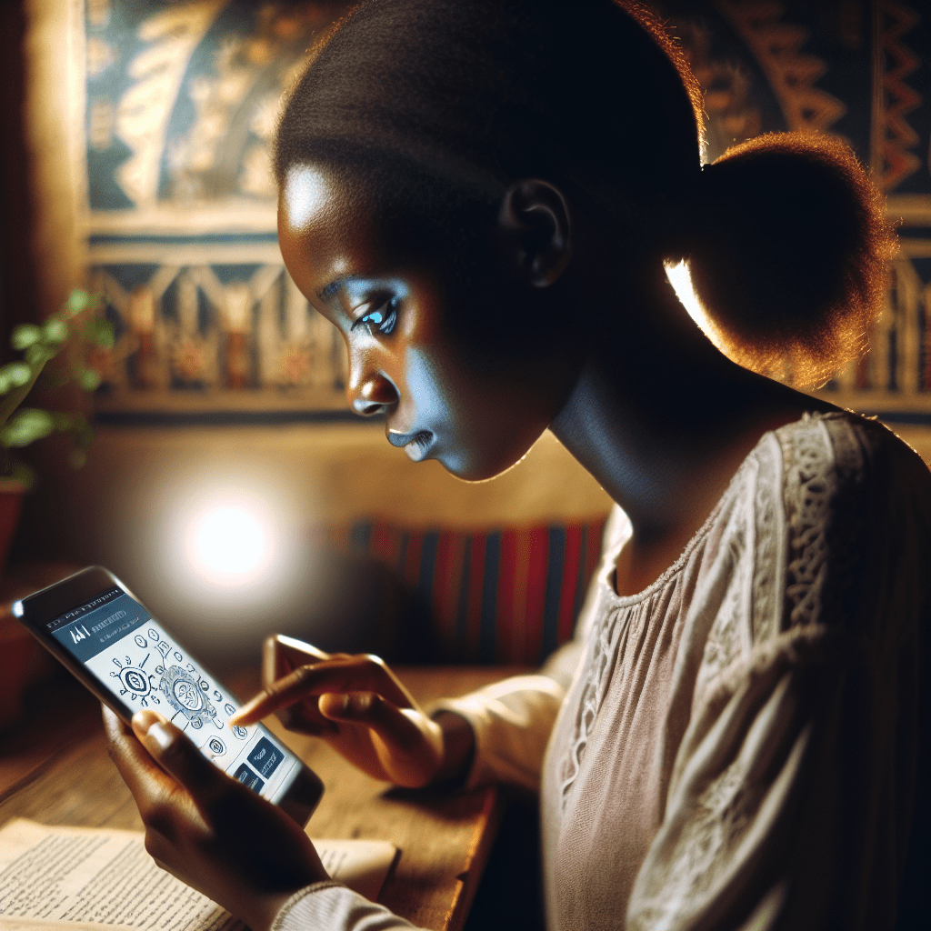 A young Kenyan woman studying on her smartphone, with an AI-powered learning platform visible on the screen.