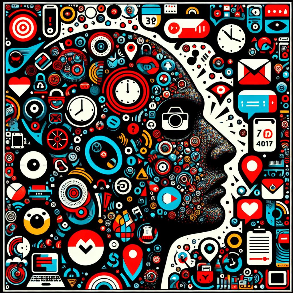 A collage of various smartphone app icons and notifications, surrounding a human silhouette with an overwhelmed and anxious expression.