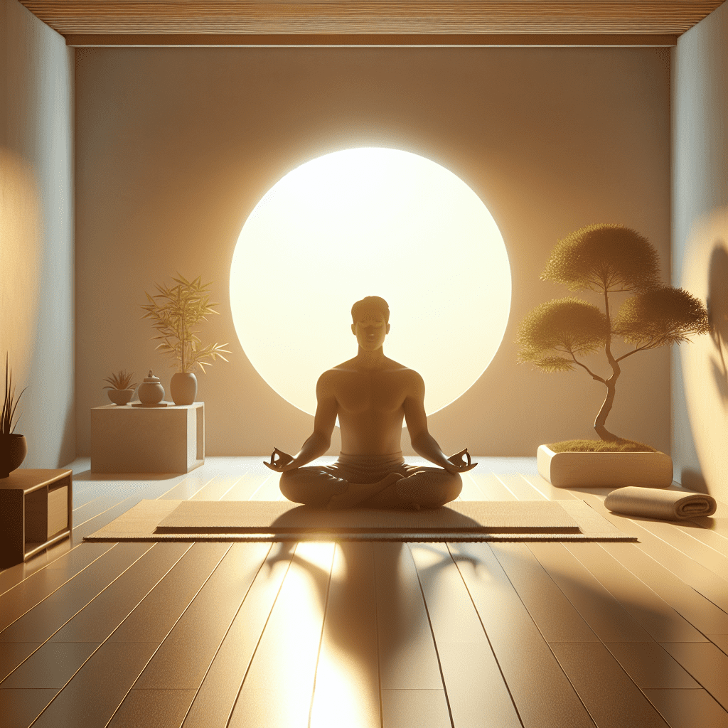 una persona realizando meditación temprano en la mañana en un espacio tranquilo y minimalista