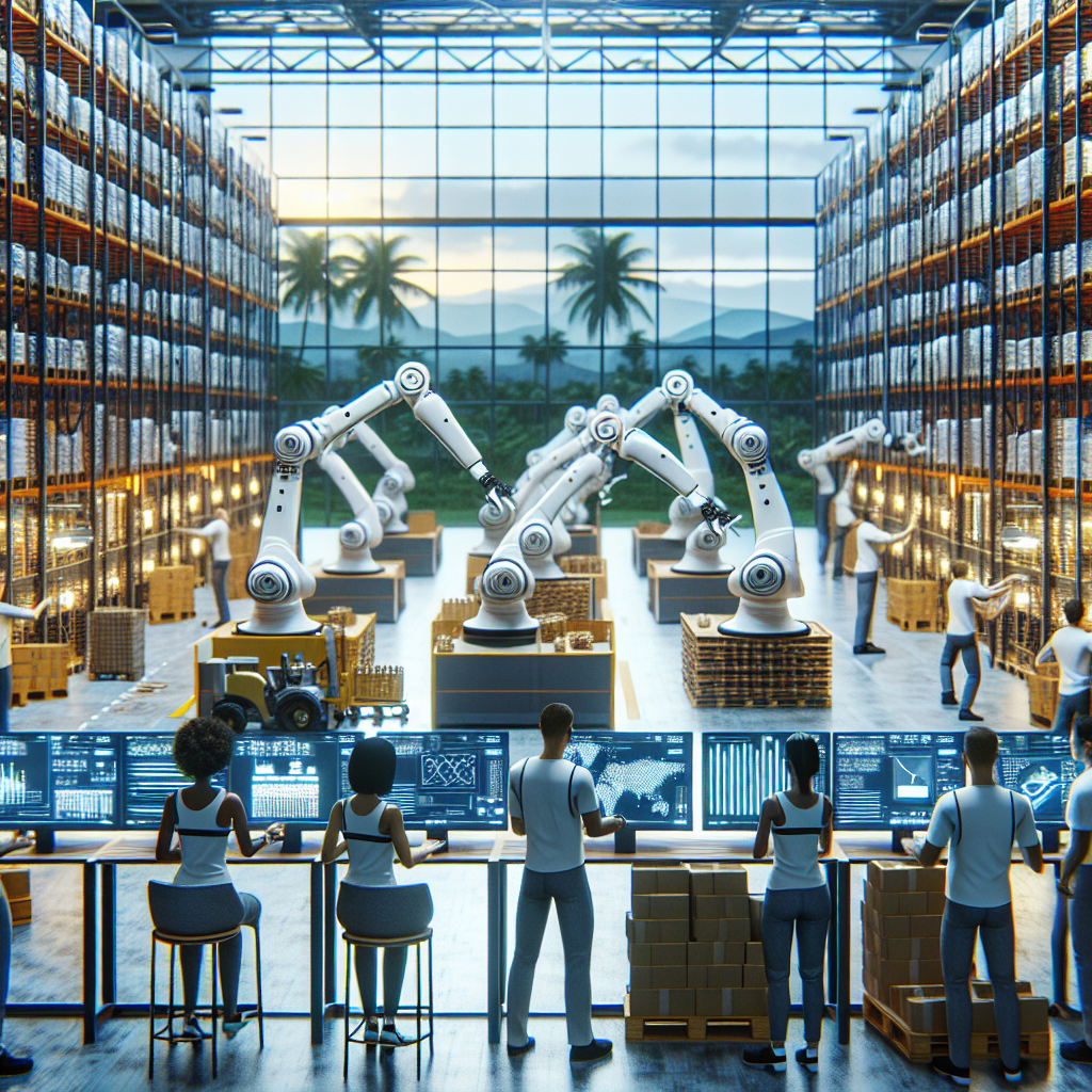 Inside a modern warehouse in Brazil, where robots and AI systems work alongside human employees to optimize order fulfillment and inventory management.
