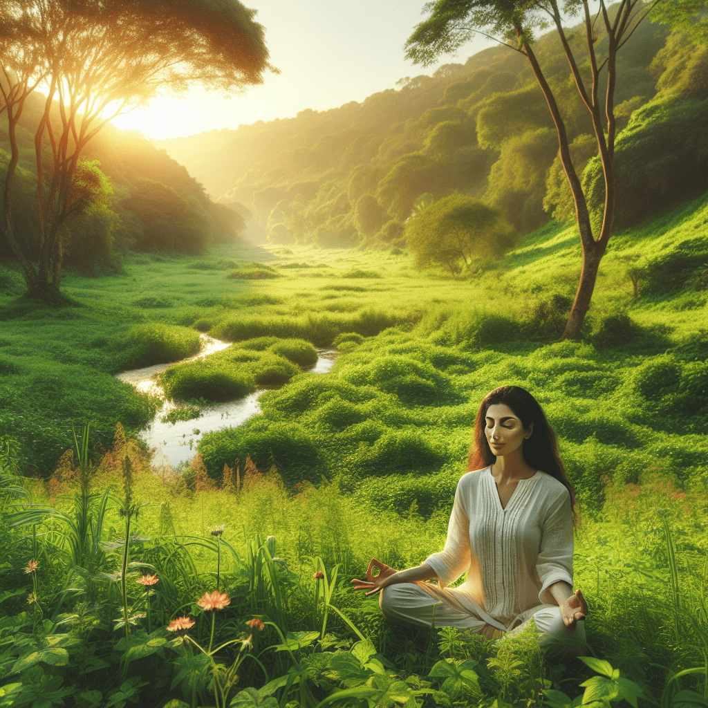 Una persona meditando tranquilamente en un entorno natural, reflejando paz y serenidad