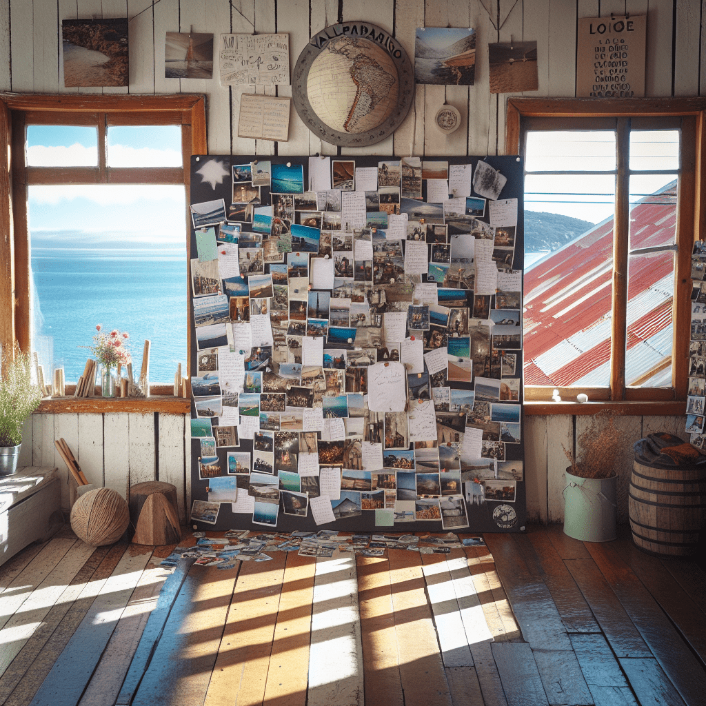 Tablero de visión lleno de fotos y metas, ubicado en un pequeño estudio en Valparaíso