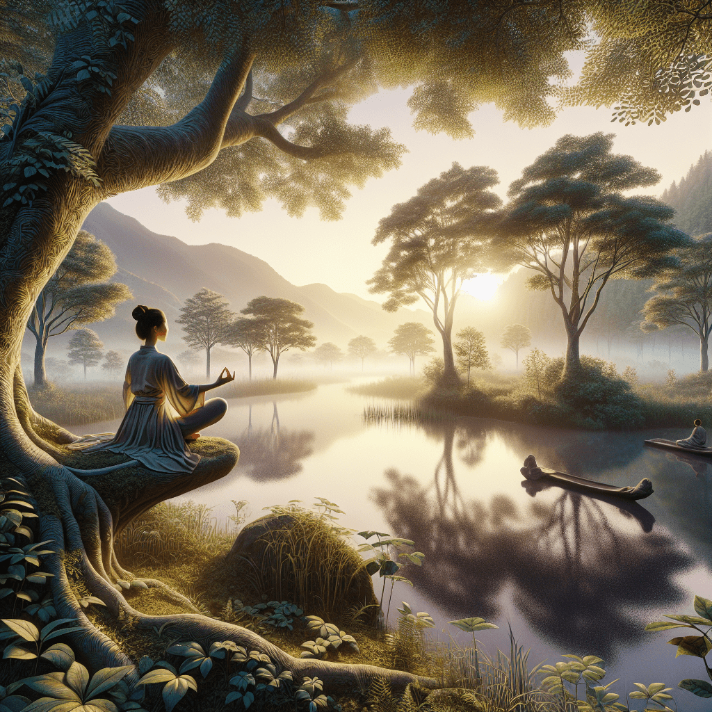 A serene scene of a person meditating or doing yoga in a peaceful, natural setting, conveying a sense of mindfulness, presence and intentional slowness.