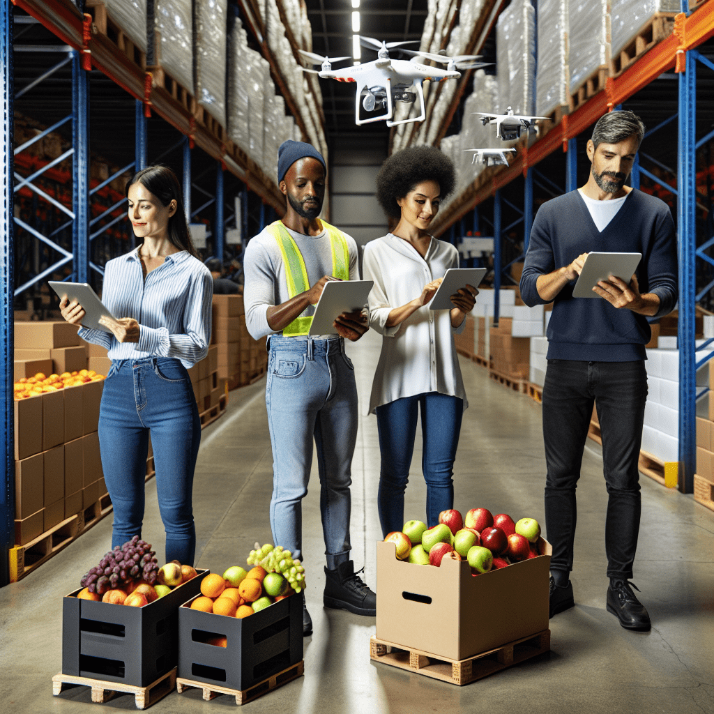 Workers in a high-tech warehouse using tablets and AI-powered systems to efficiently manage inventory and shipments of fresh Australian produce