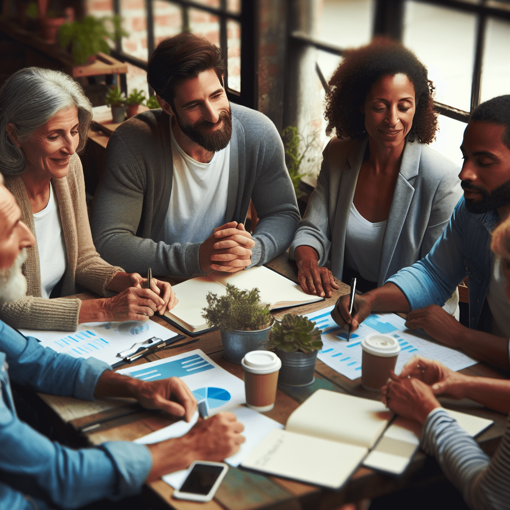 A group of diverse local business owners gathered around a table, passionately discussing ideas and strategies for supporting their community.