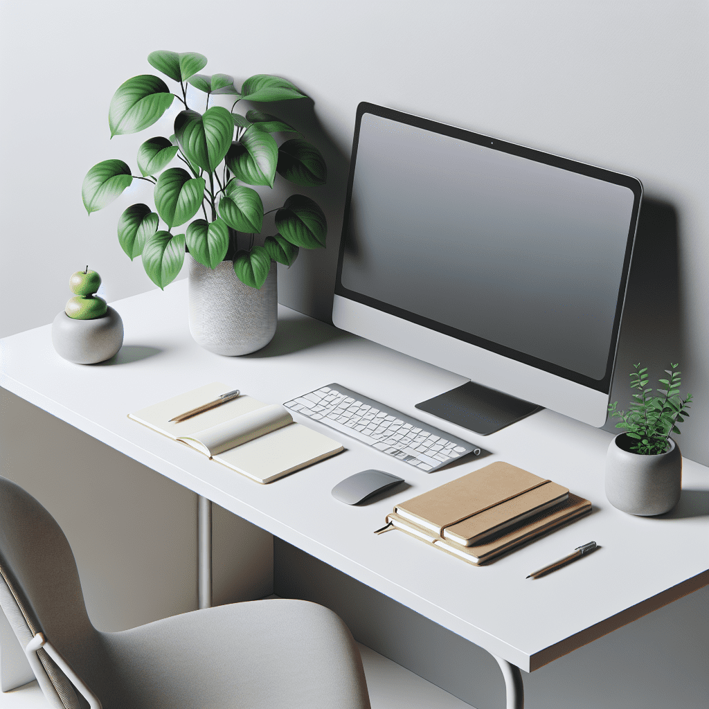 Un escritorio organizado y minimalista con una computadora, una planta y libretas