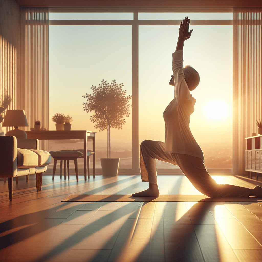 Persona realizando yoga durante el amanecer en su sala
