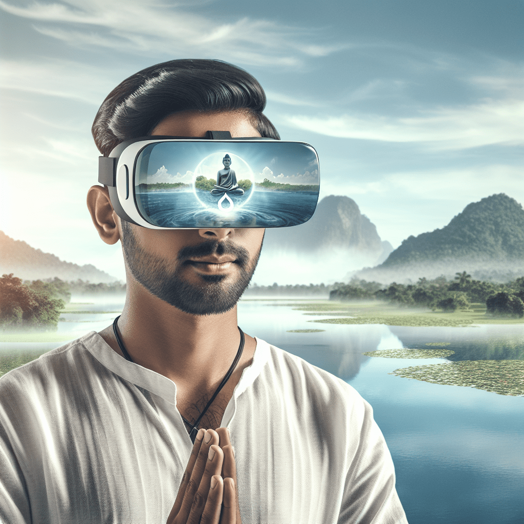 Persona usando gafas de realidad virtual en un entorno tranquilo y sereno, simbolizando la paz