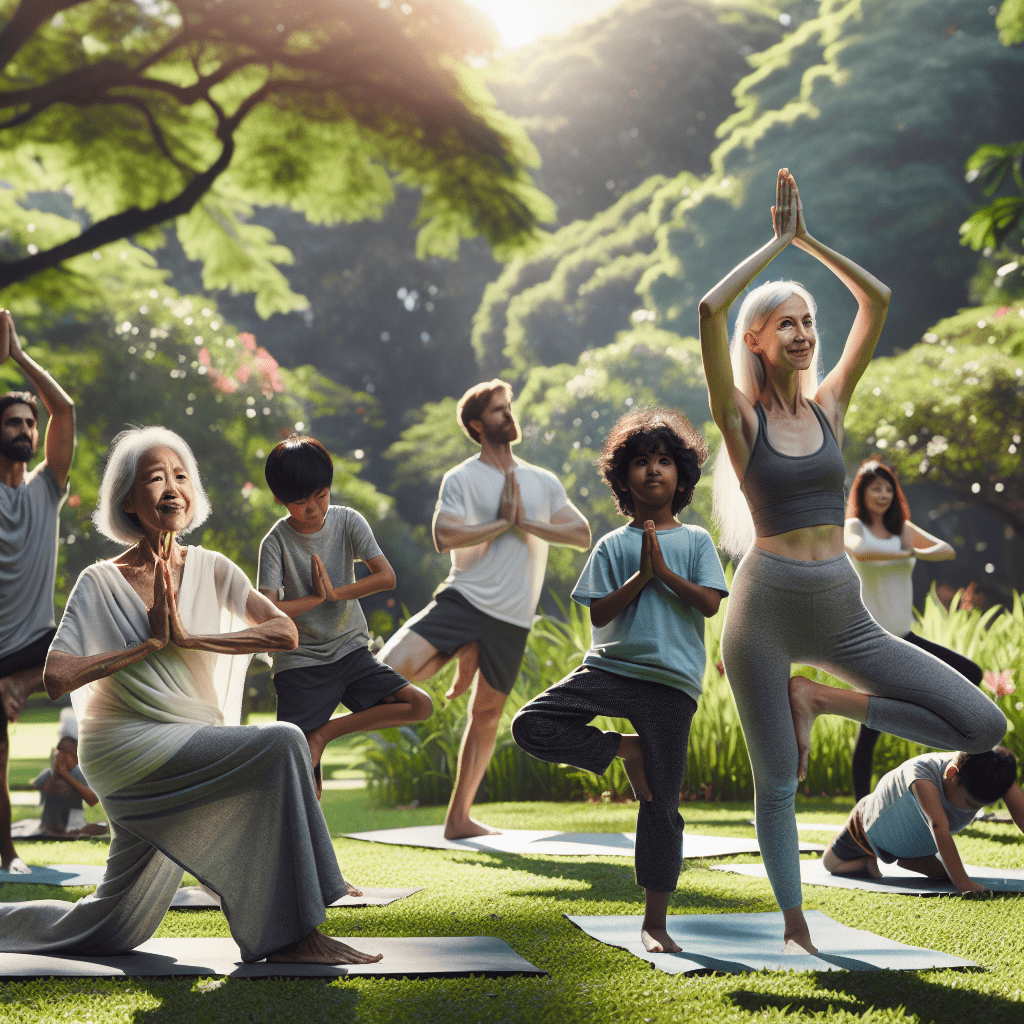 Imagen de un grupo de personas de diversas edades haciendo yoga en un parque