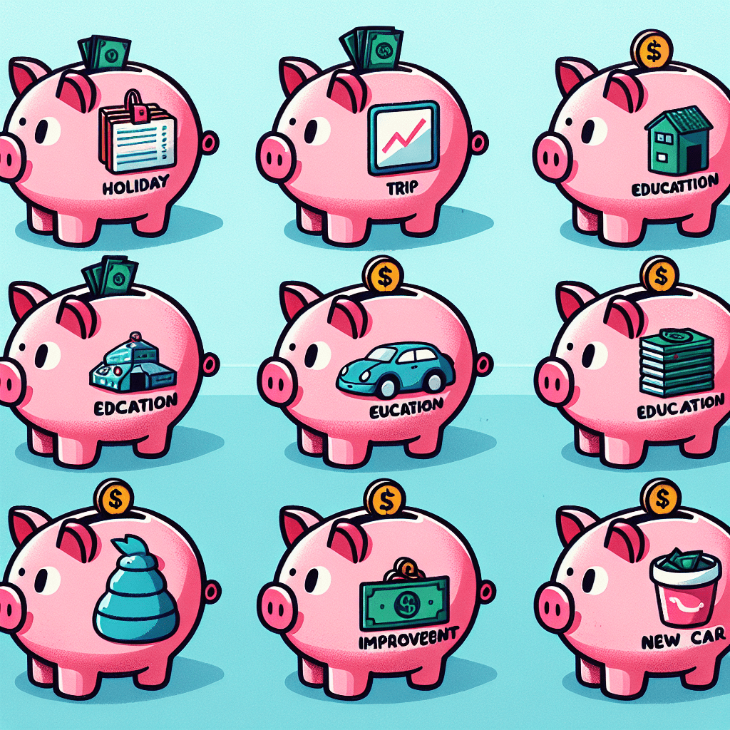 Una imagen de varias alcancías etiquetadas para diferentes objetivos de ahorro