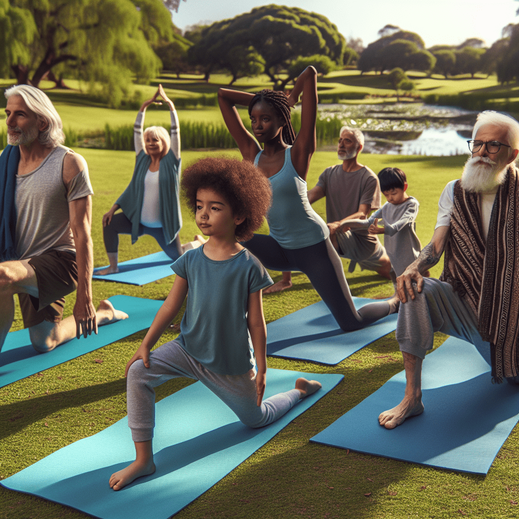 Grupo de personas de diversas edades participando en una clase de yoga al aire libre
