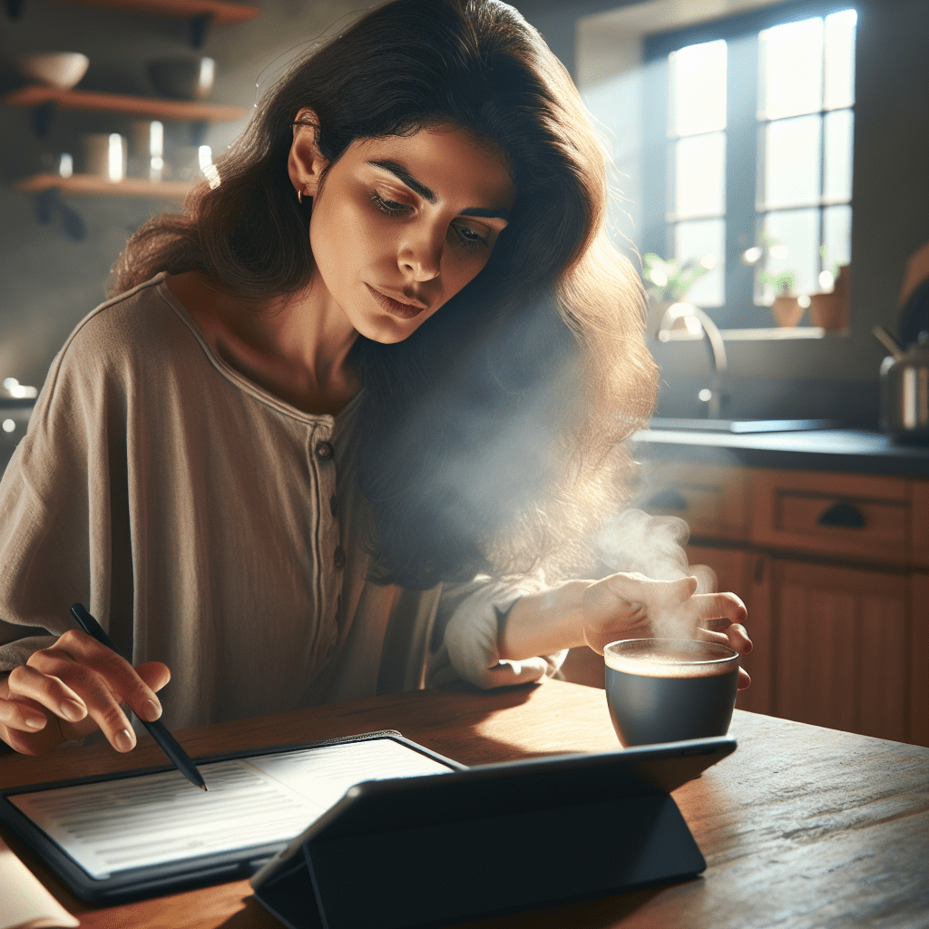 Una persona revisando su plan diario en una tablet mientras toma café en su cocina