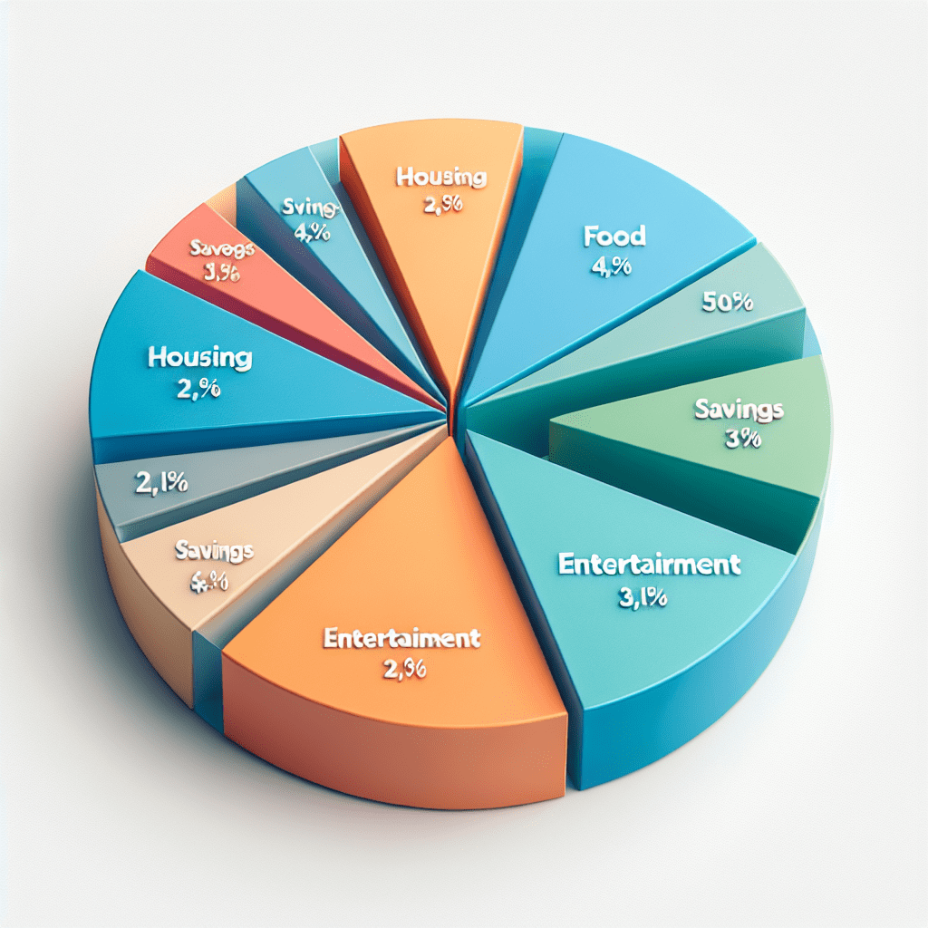 gráfico circular que muestra un presupuesto equilibrado con divisiones claras para vivienda, alimentación, ahorro, entretenimiento, y otros gastos