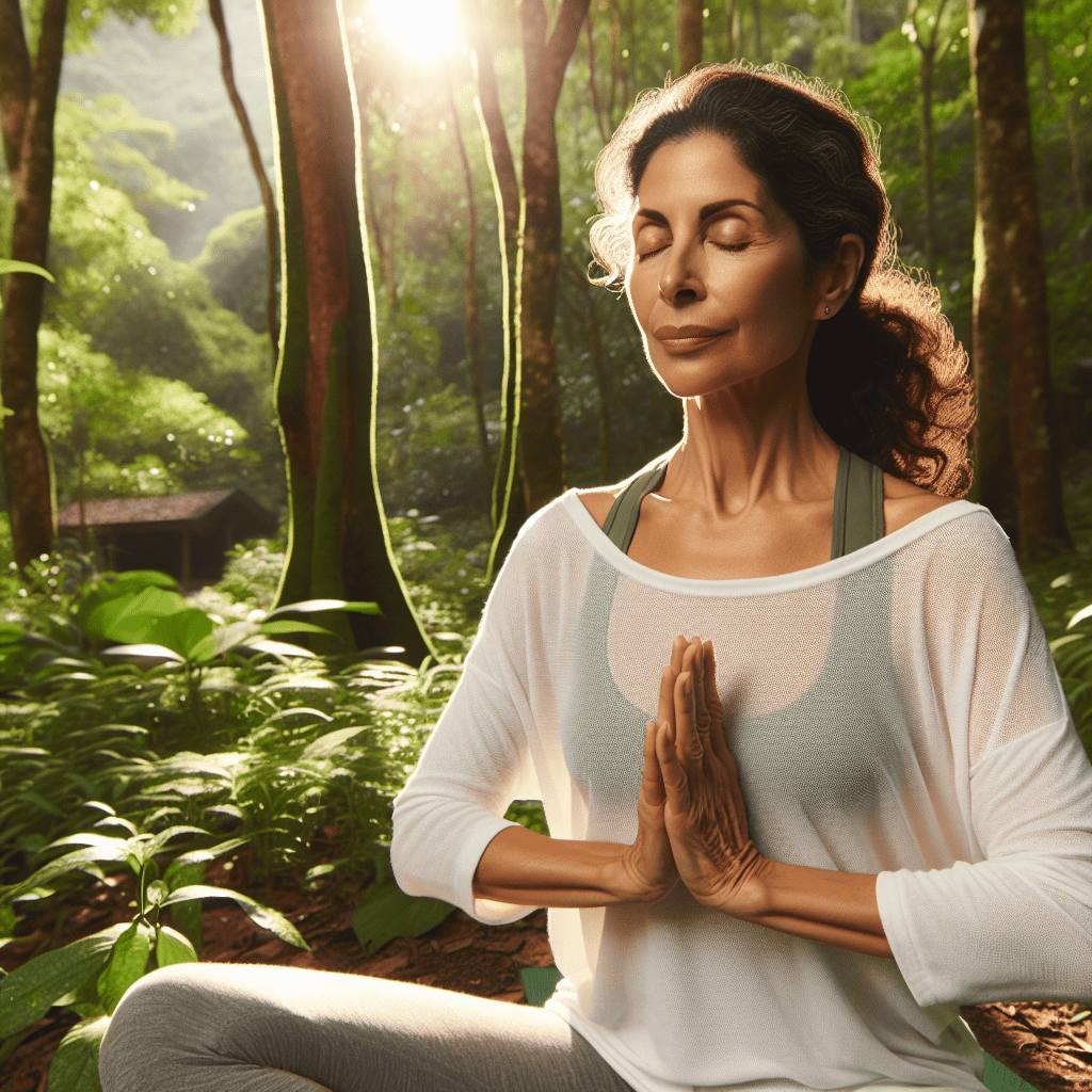 persona practicando yoga al aire libre, en un ambiente natural y tranquilo