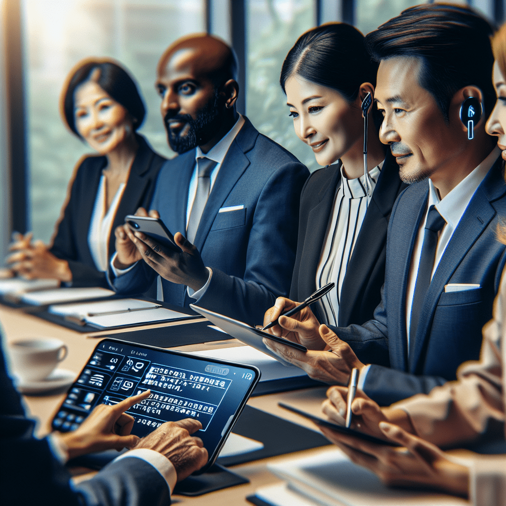 Una reunión de negocios con participantes utilizando dispositivos digitales para traducción instantánea.