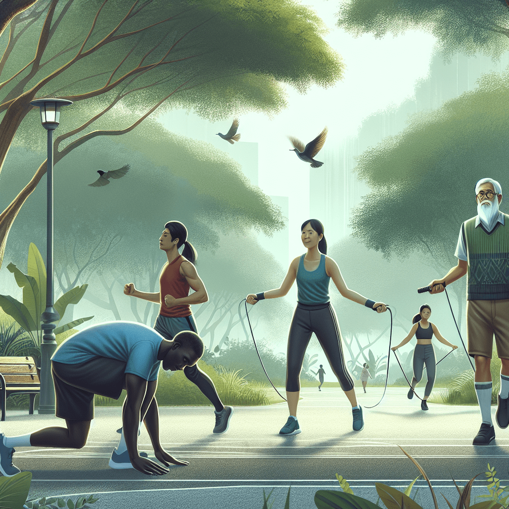 Grupo de personas de diversas edades haciendo ejercicio en un parque