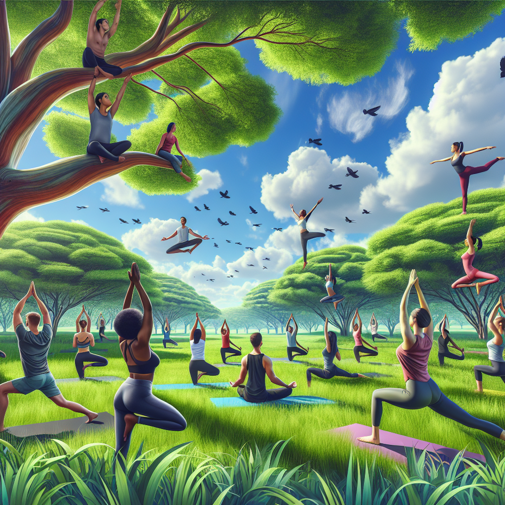 grupo de personas practicando yoga juntos en un parque o espacio abierto