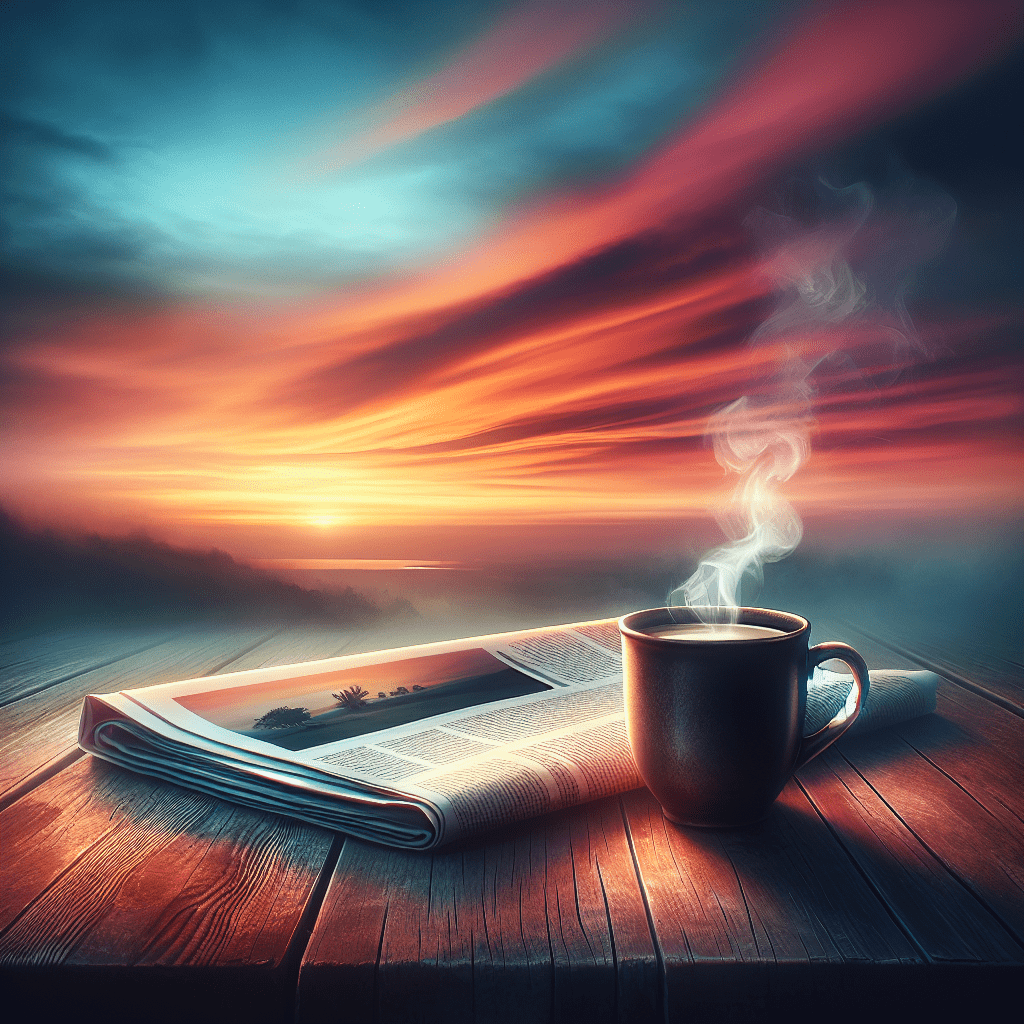 Amanecer con una taza de café y un diario en primer plano, simbolizando un inicio tranquilo y organizado del día
