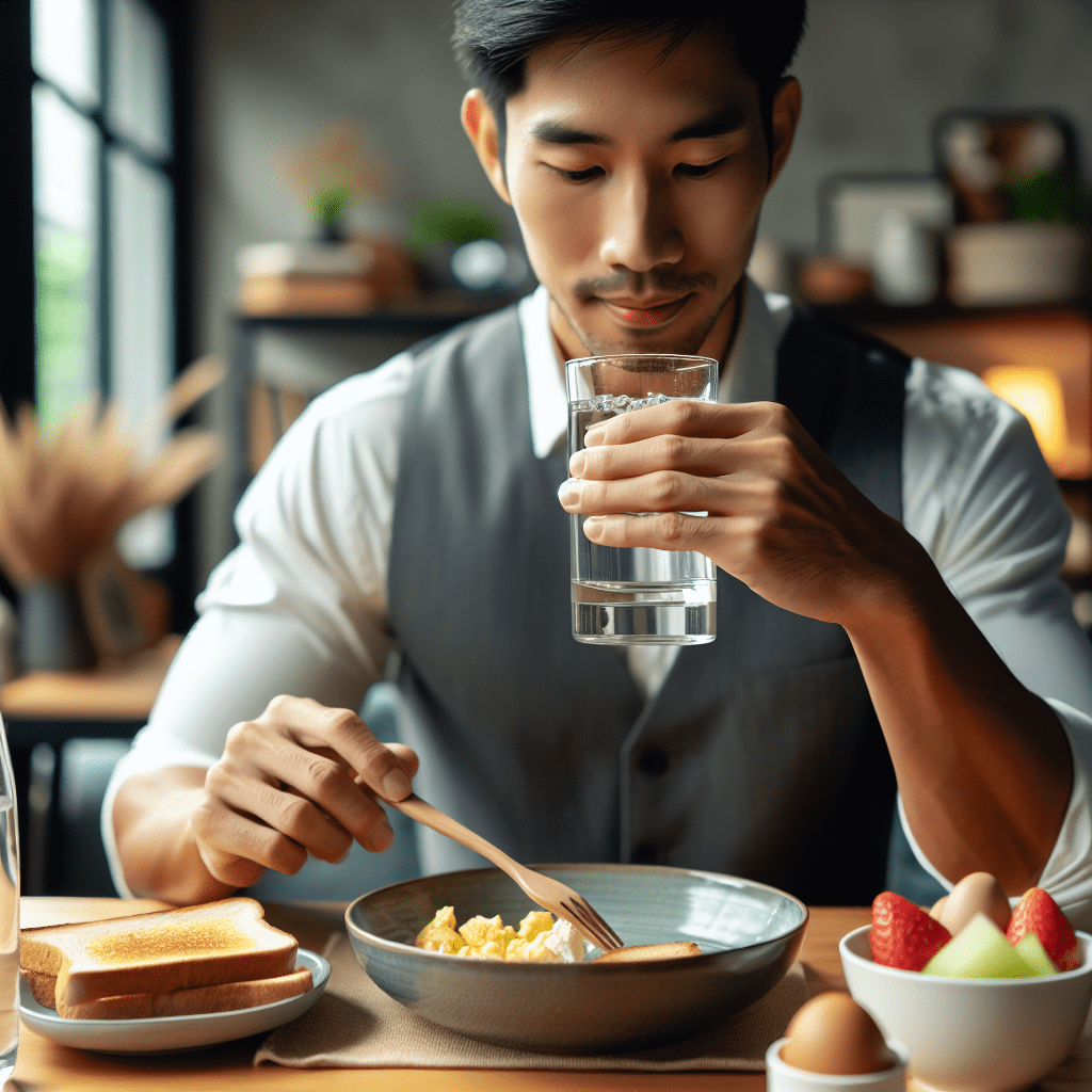 Persona tomando un vaso de agua con el desayuno