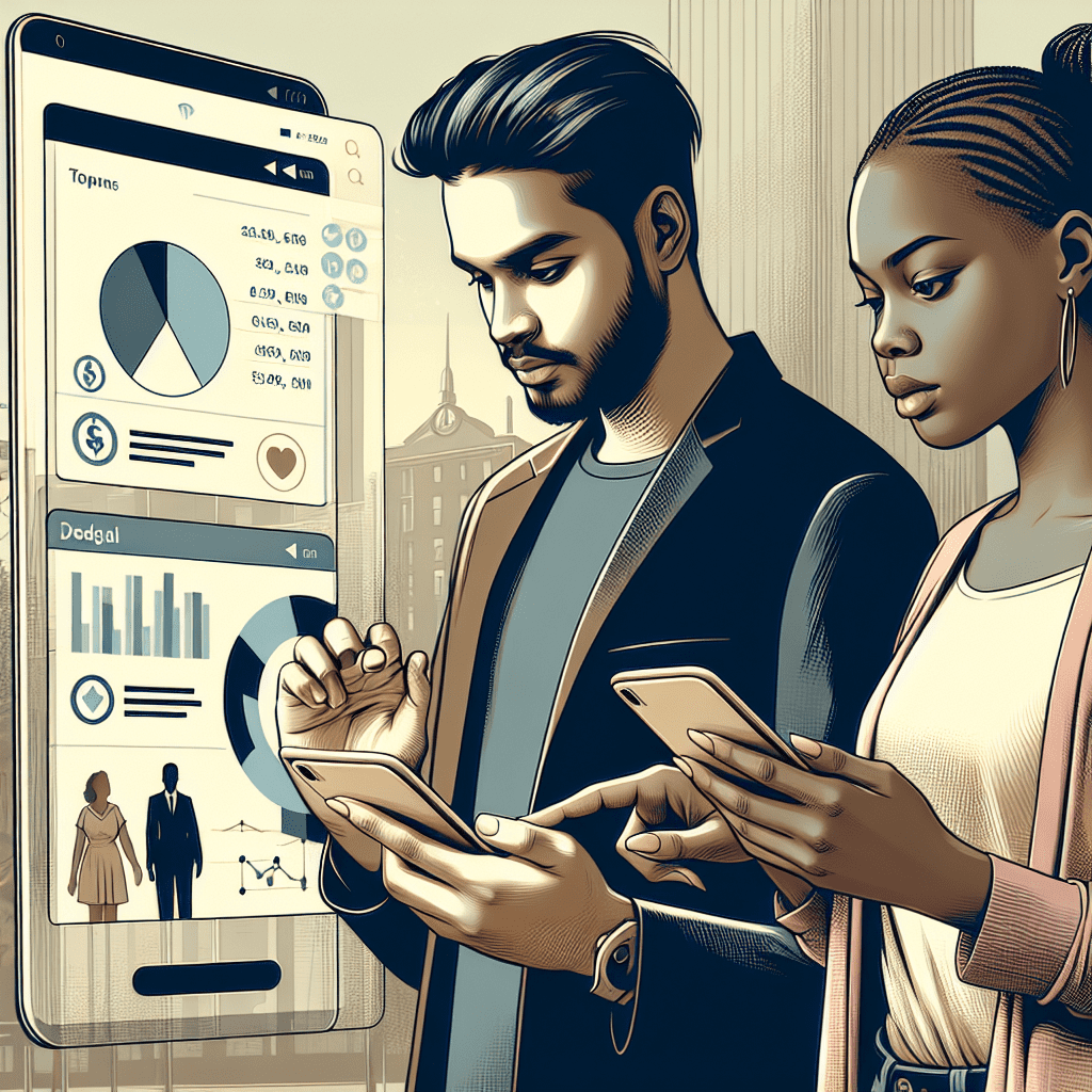 Person checking financial mobile app on a smartphone, with graphics showing budget management features.