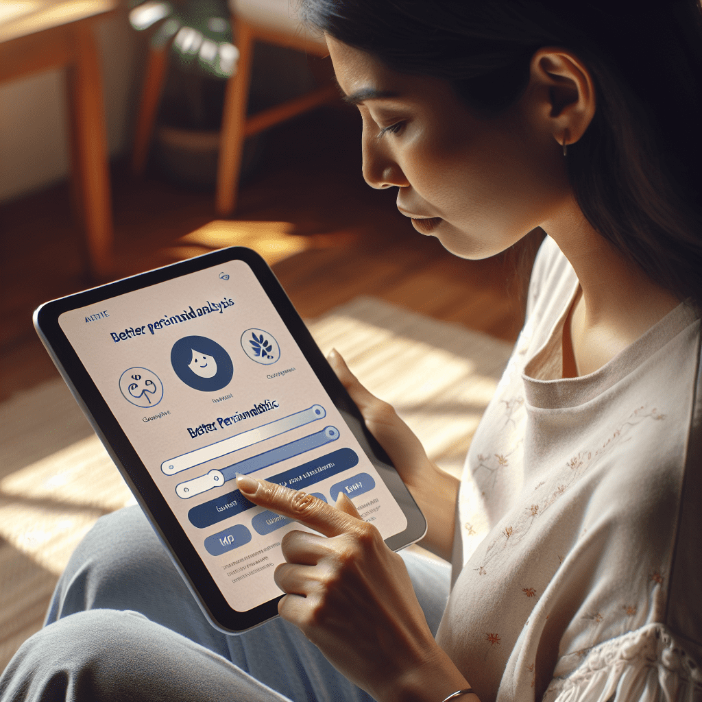 Persona revisando la aplicación de salud mental en su tableta, ajustando configuraciones para un mejor análisis personalizado.