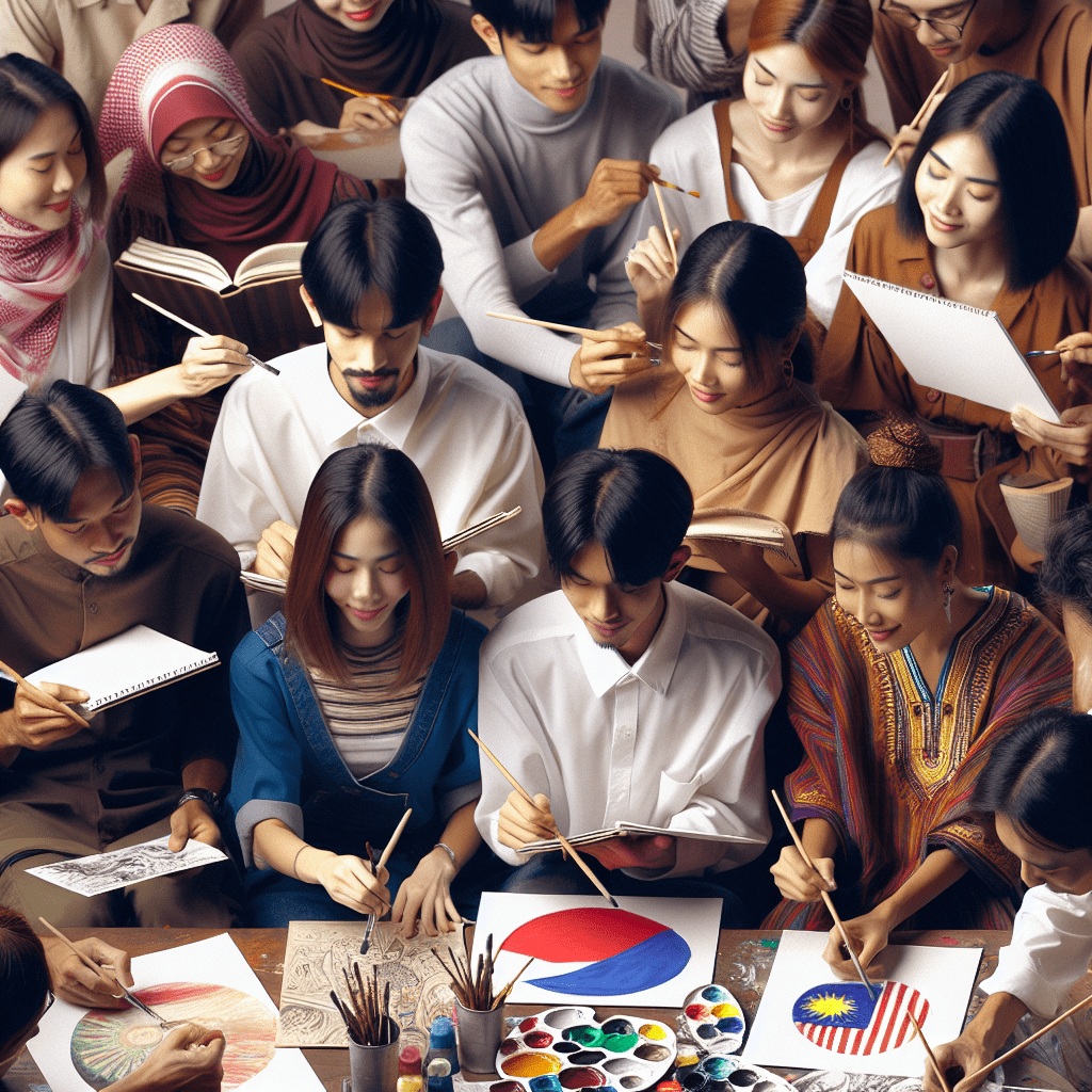 A diverse group of Southeast Asian students working together on a collaborative art project, showcasing their unique cultural backgrounds and artistic styles.