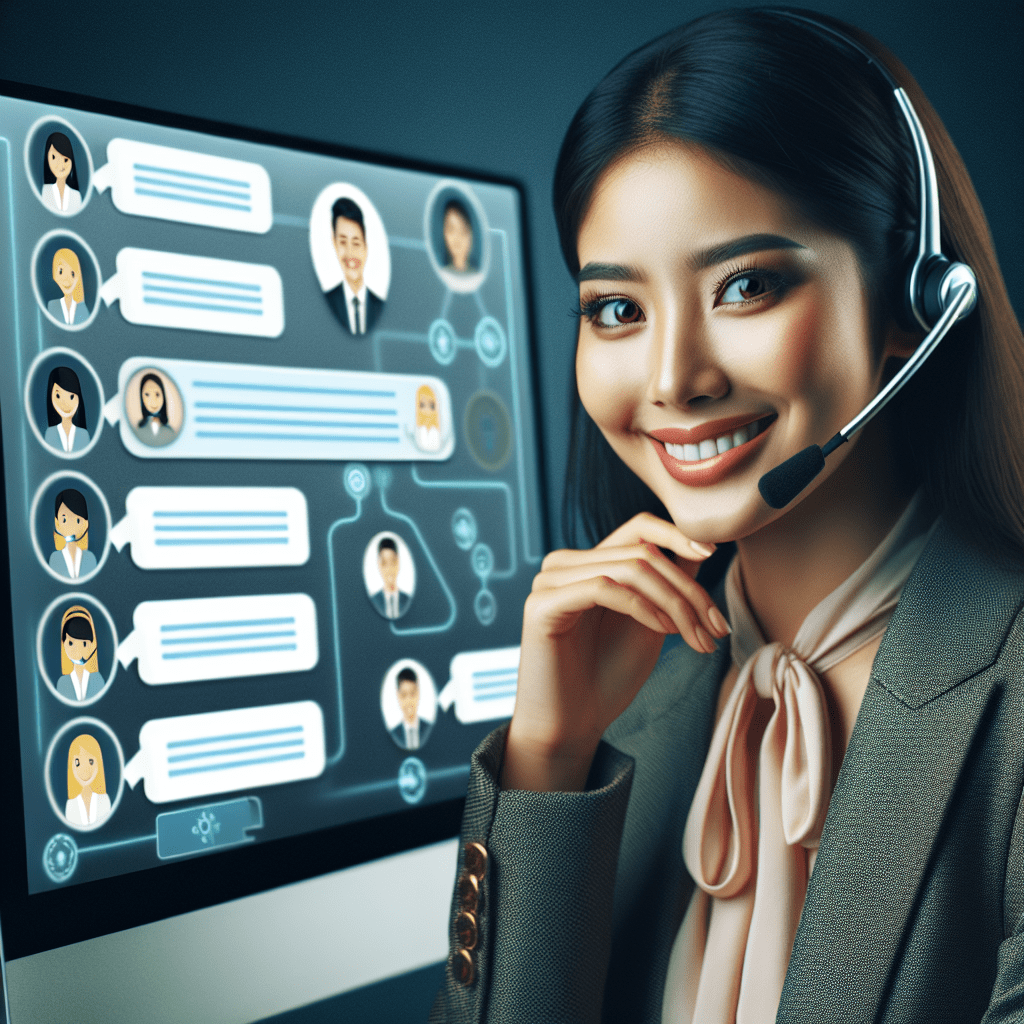 A customer service representative smiling while using a conversational AI platform to efficiently assist multiple customers simultaneously