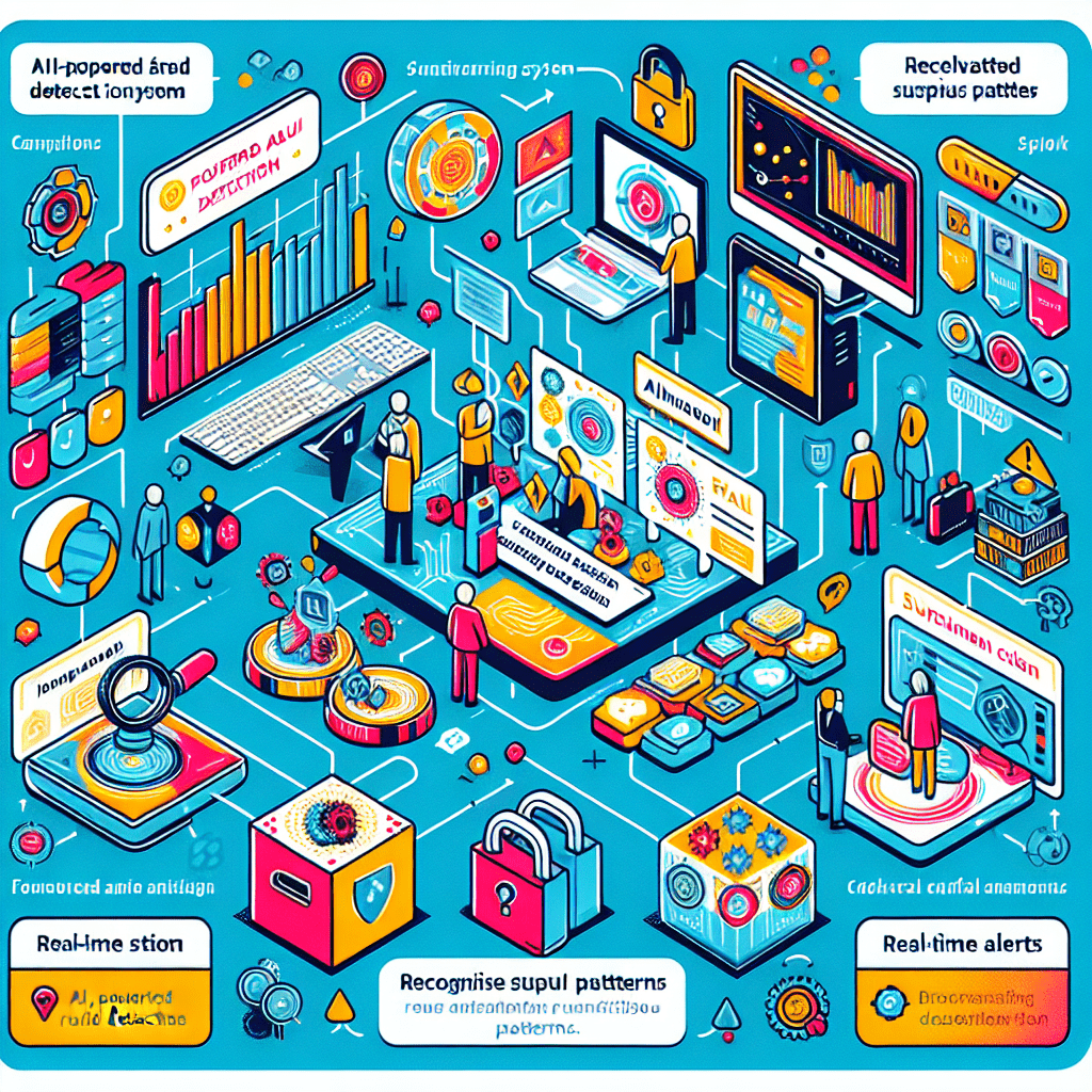 An infographic illustrating how AI-powered fraud detection systems work, highlighting key steps like data analysis, pattern recognition, and real-time alerts