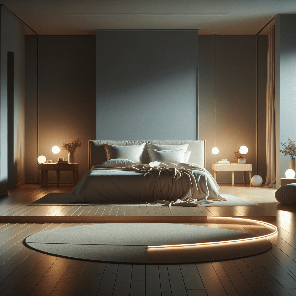 vista de una habitación optimizada para el sueño, mostrando una decoración minimalista, luces tenues y un ambiente tranquilo