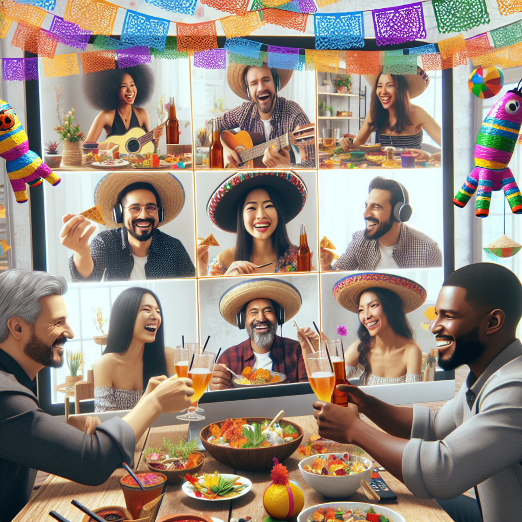 A virtual celebration with Latin American team members, featuring cultural elements like music, food, and decorations.