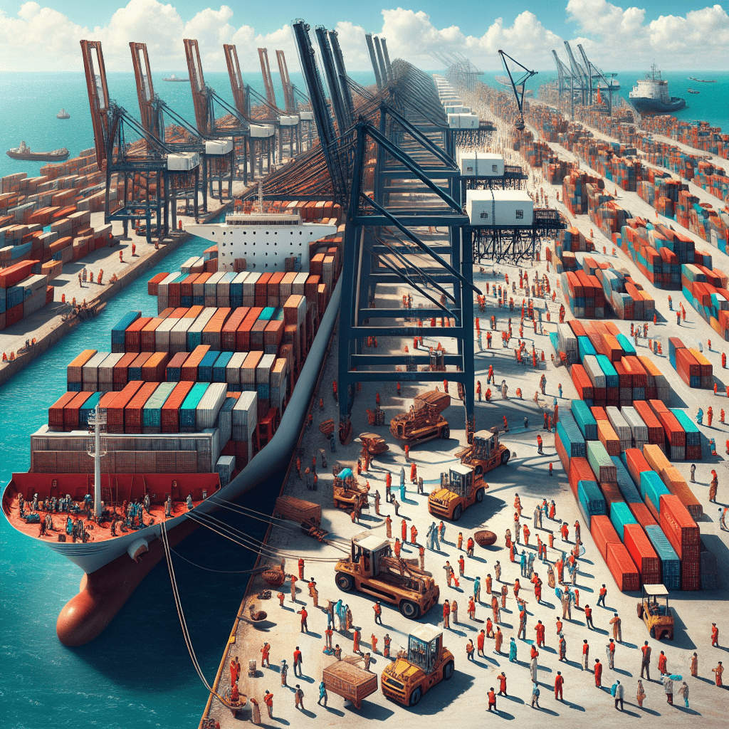 Kenyan port workers loading cargo containers onto a ship, symbolizing regional trade and integration