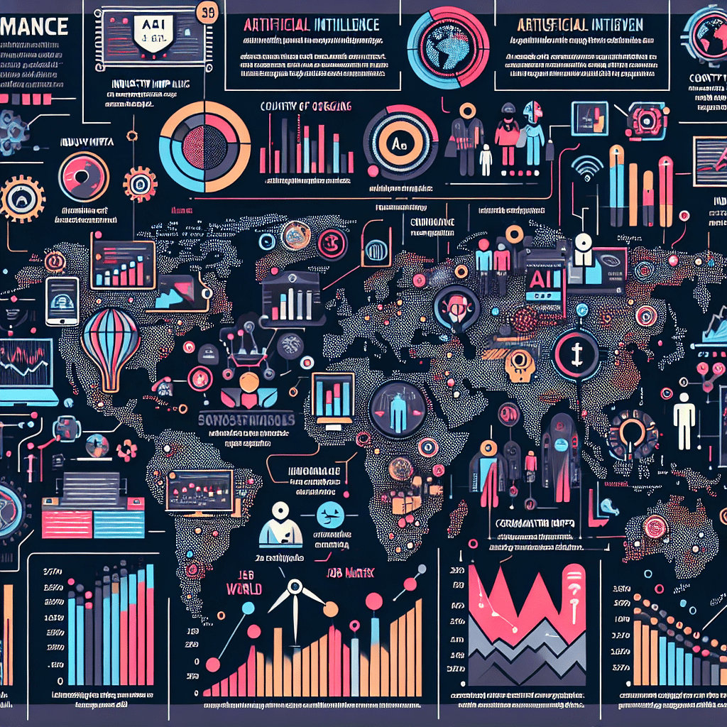 An infographic showcasing various global AI initiatives and their impact on the workforce, with a world map in the background