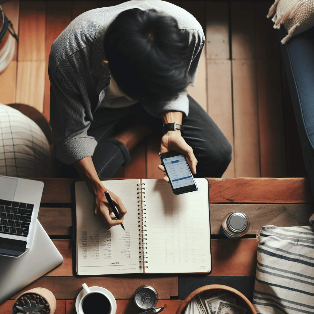 vista aérea de una persona usando su celular y tomando notas sobre sus finanzas en un cuaderno