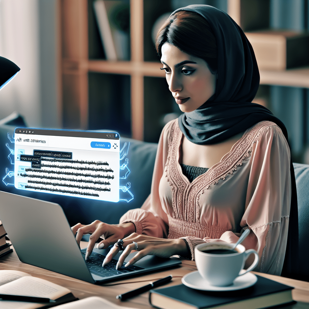 A content creator using an AI-assisted writing tool to efficiently draft and edit a blog post on their laptop