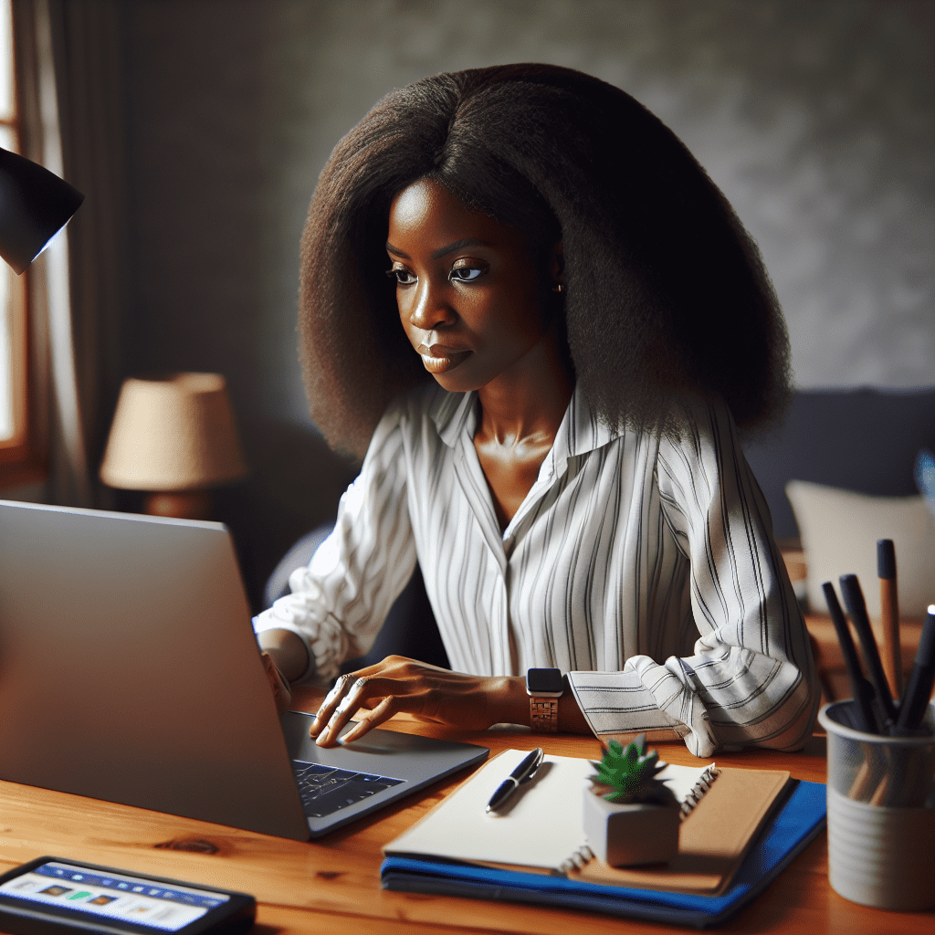 A Nigerian woman working remotely from home, using a laptop and video conferencing software