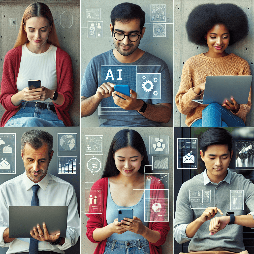 A diverse group of people using AI-powered financial apps on their smartphones and laptops, symbolizing the need for inclusive and unbiased AI solutions
