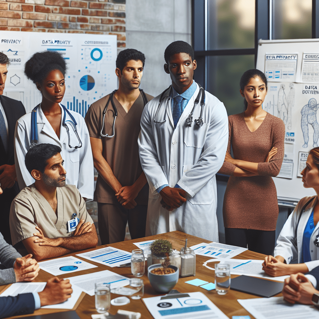 A group of healthcare professionals and policymakers discussing ethical guidelines for AI in healthcare, with a focus on data privacy and patient rights