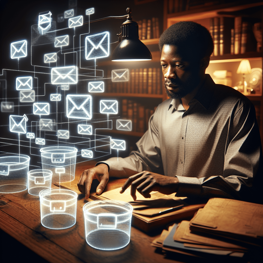 A person sitting at a desk, surrounded by floating email icons being sorted and organized by AI