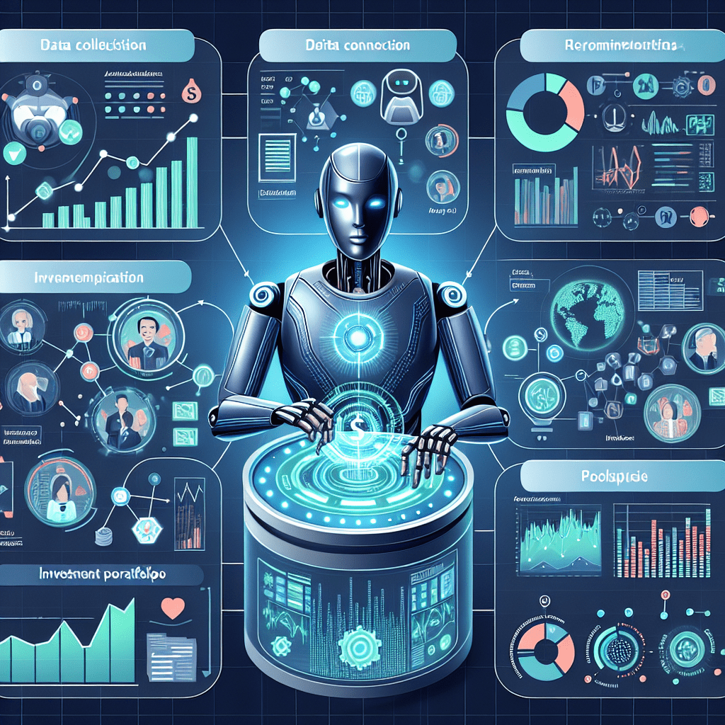 Infographic illustrating how robo-advisors use AI to create and manage personalized investment portfolios