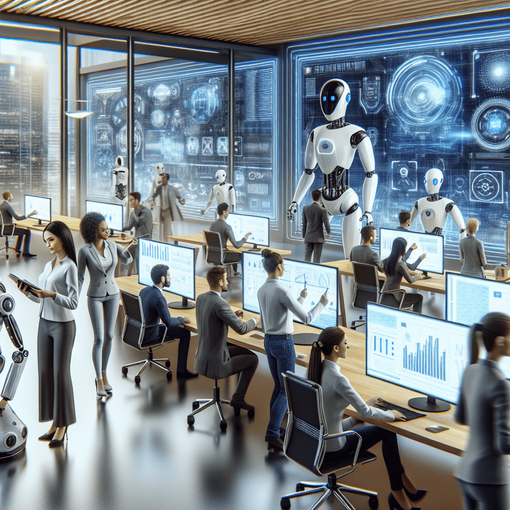 A futuristic office environment with employees seamlessly interacting with AI interfaces and collaborative robots
