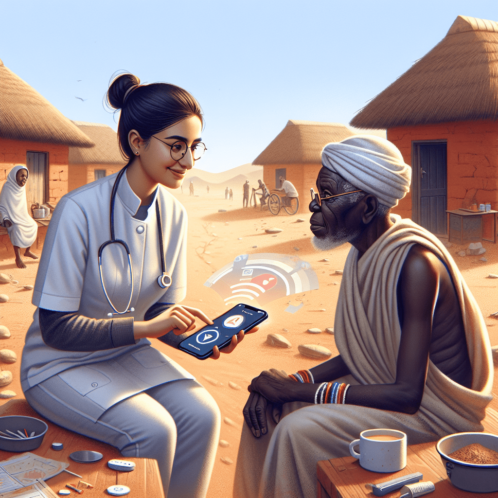 A community health worker using a mobile device to access AI-powered healthcare tools while visiting a patient in a rural South African village