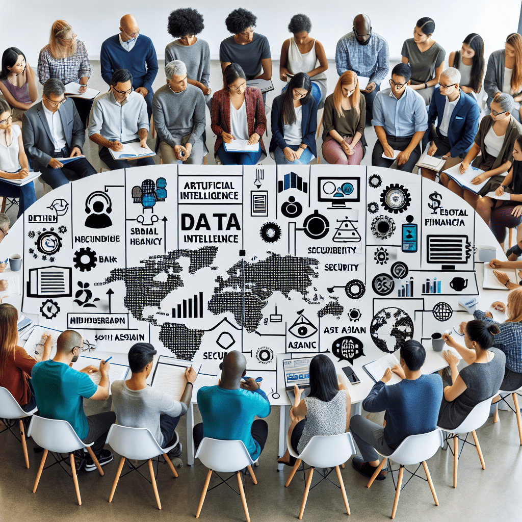 A group of diverse Canadians attending a workshop or seminar on AI and personal finance, with a focus on data privacy, security, and ethical considerations