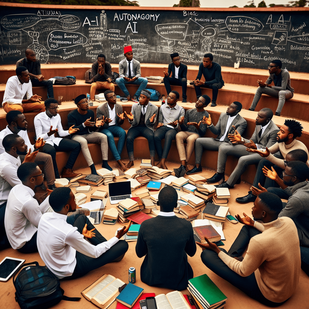 A group of Nigerian university students engaged in a lively discussion about AI ethics