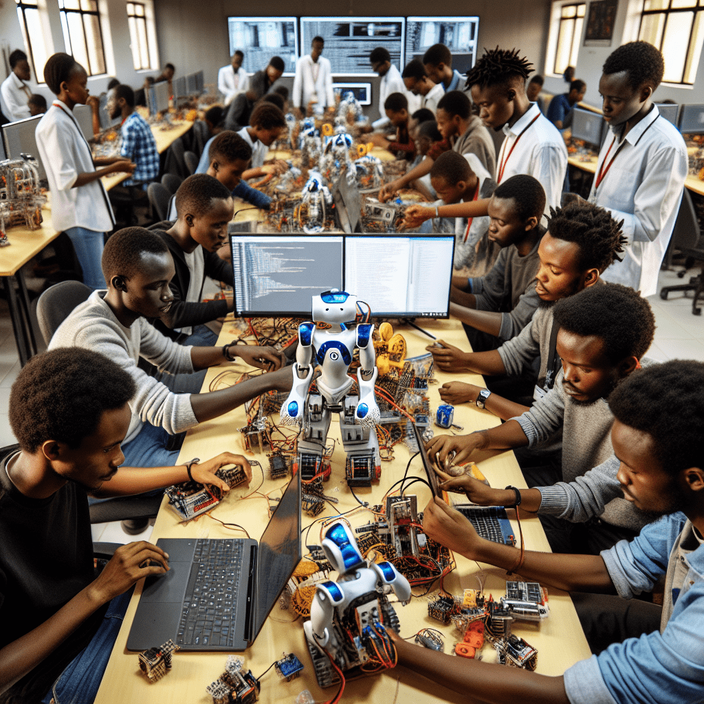 Kenyan university students working on AI-powered robots in a high-tech lab, with a focus on their collaborative and innovative spirit.