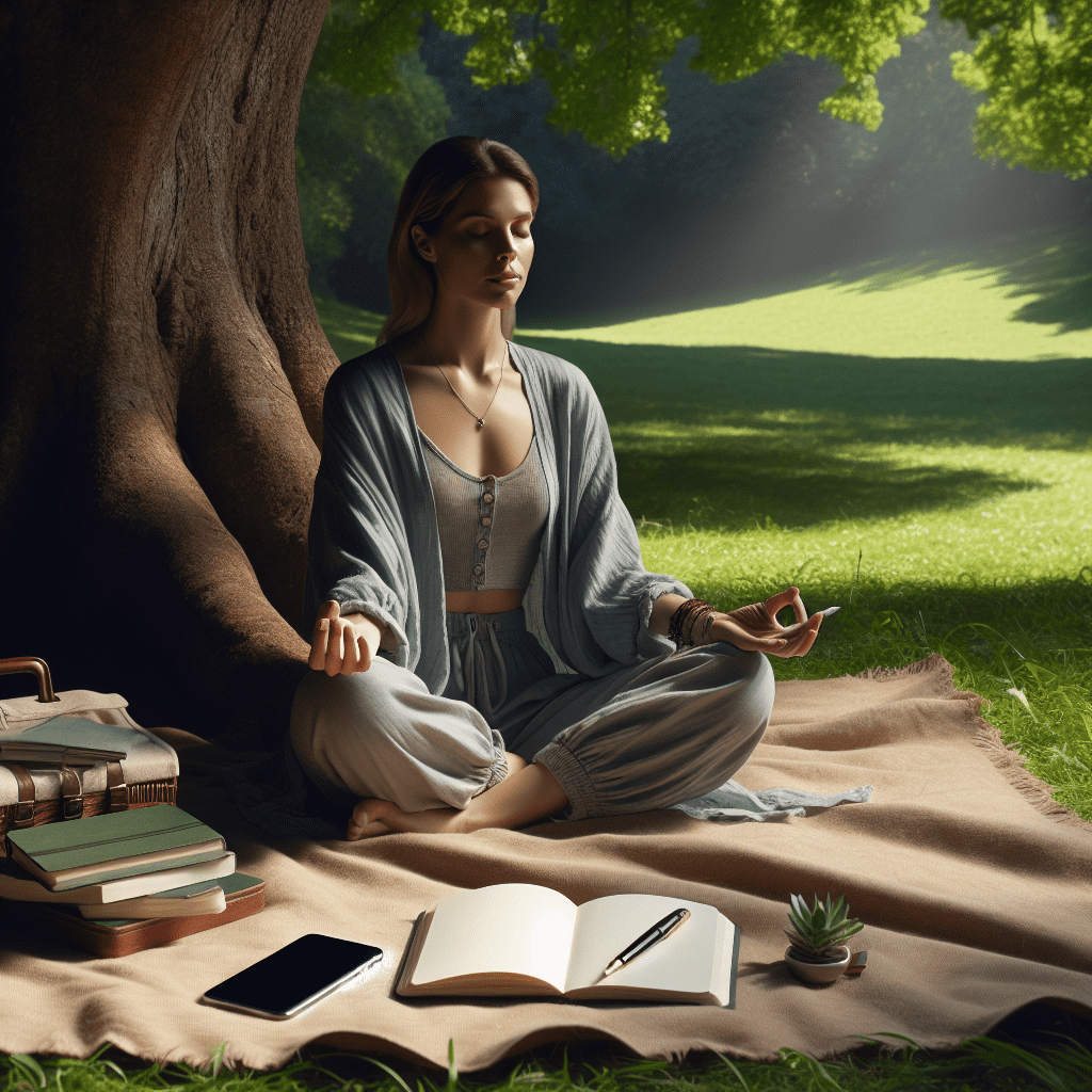 A person sitting in a peaceful outdoor setting, meditating or journaling, with a smartphone lying face-down beside them, symbolizing a conscious choice to unplug and be present.