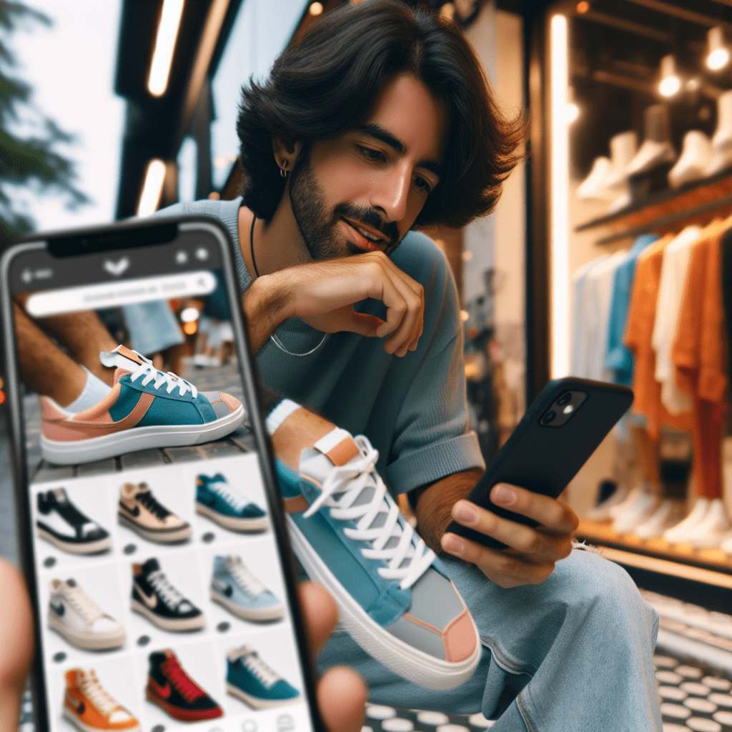 A Brazilian shopper using their smartphone to visually search for a pair of sneakers they saw on the street, and instantly finding similar styles on an e-commerce app.